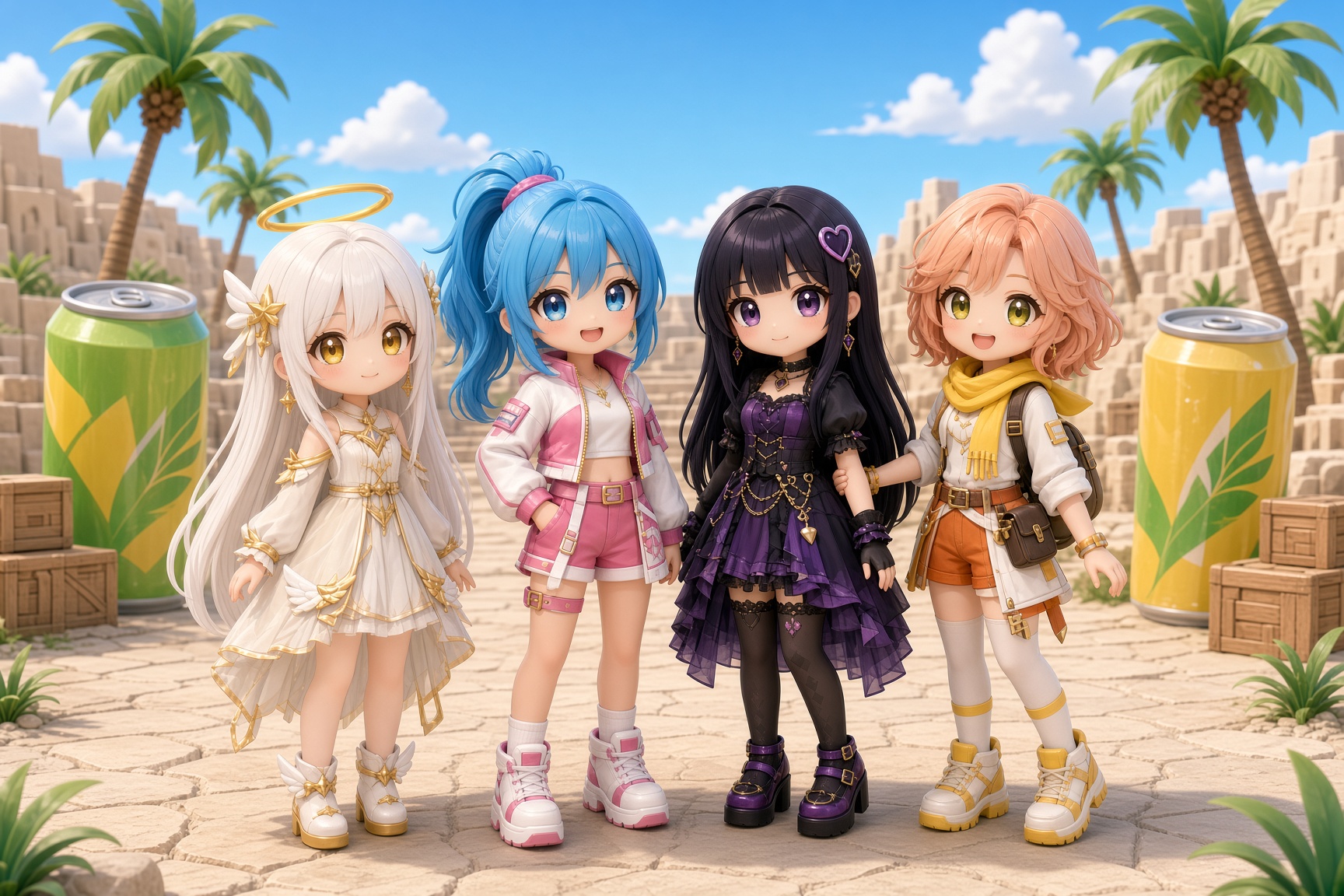Seraph Doll, Bluebelle, Noir Nyx, and Bestie Bea in the desert